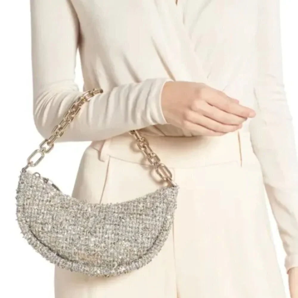 Kate Spade Smile Small Crossbody Silver Tweed Metallic Leather Chain Top Handle - Picture 3 of 12
